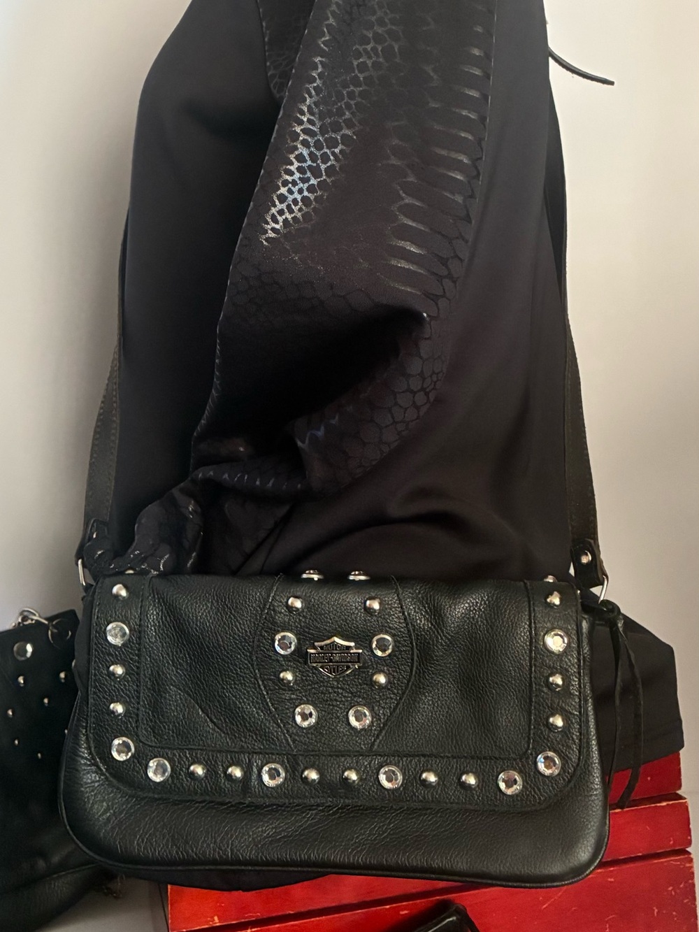 Harley-Davidson Black Leather Stud and Bling Crossbody Purse